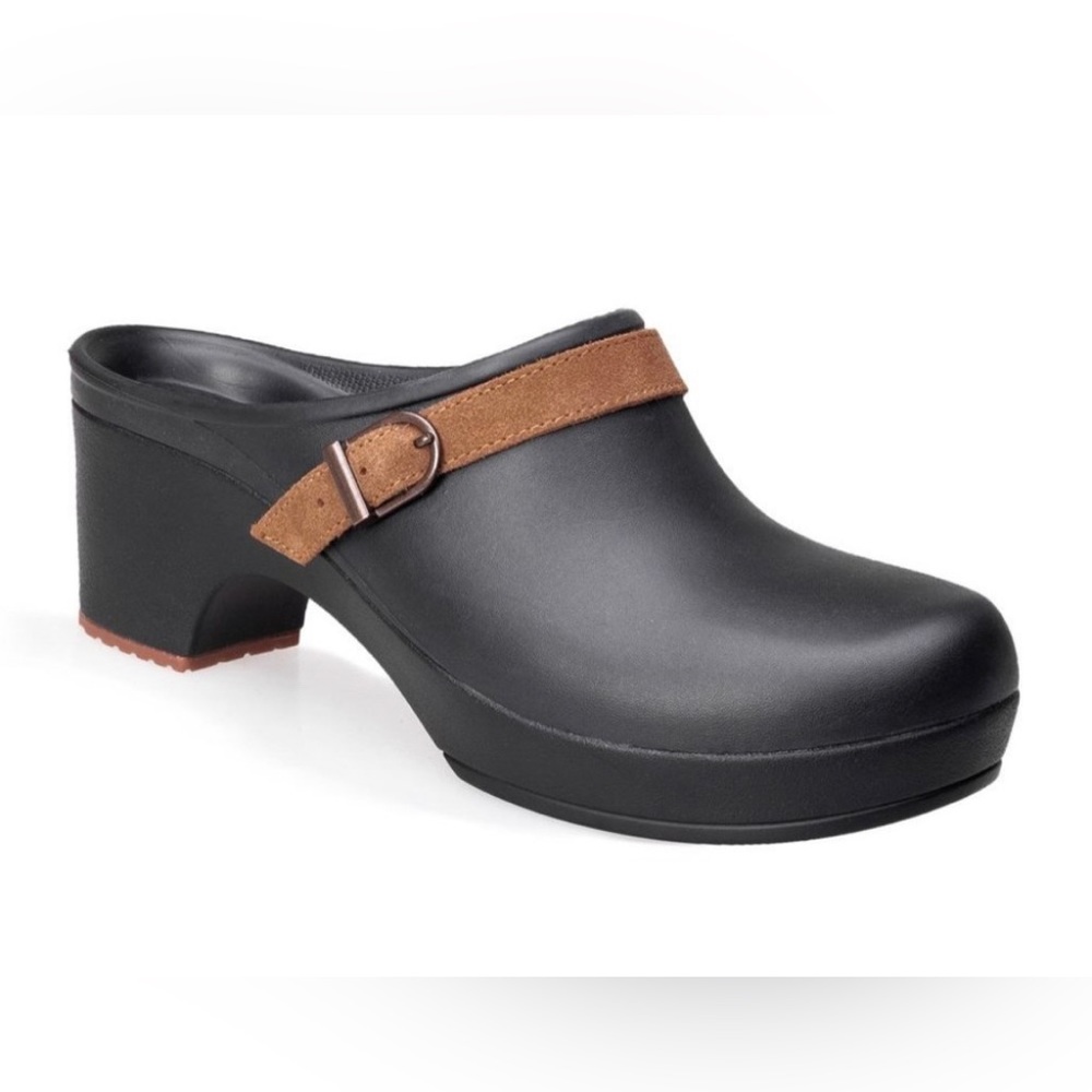 CROCS dark brown with tan strap clog style